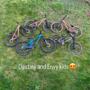 Six vélos colorés posés sur l'herbe verte.