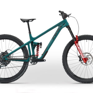 Vélo tout-terrain turquoise avec suspension.
