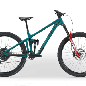 Vélo de montagne moderne avec suspension rouge et turquoise.