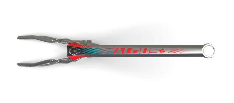 Fourche de vélo en métal gris et rouge.