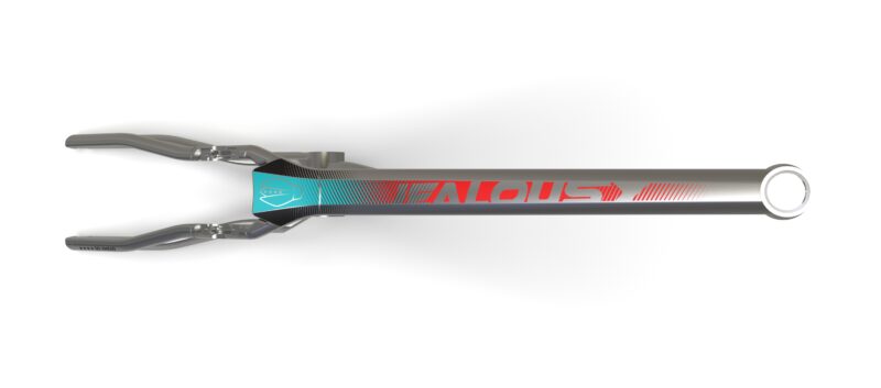 Fourche de vélo de compétition grise et rouge.