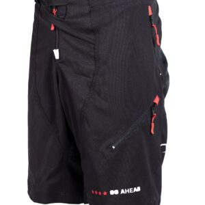 Short noir avec poches zippées rouges.
