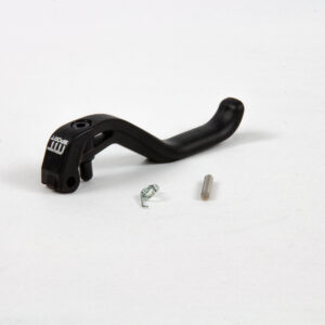 Levier de frein noir avec accessoires métalliques.