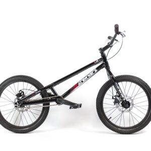 Vélo de trial moderne en noir et blanc.