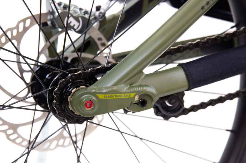 Axe arrière de vélo avec disque et chaîne.