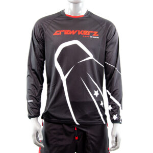 Maillot noir avec logos blancs et rouges.