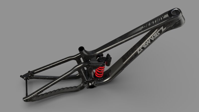 Cadre noir de vélo avec suspension rouge.