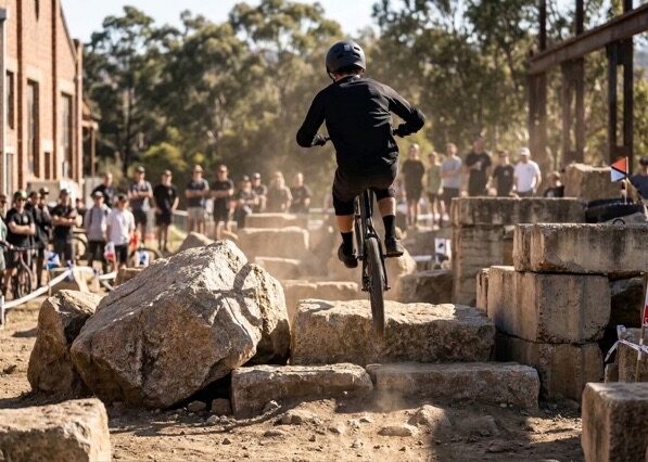 Pilote en vélo trial en action sur des obstacles en pierre portant un casque de protection