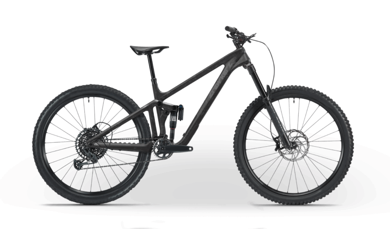 Vélo de montagne noir avec suspension complète.