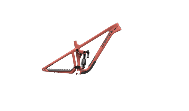 Cadre de vélo tout-terrain rouge avec suspension arrière.